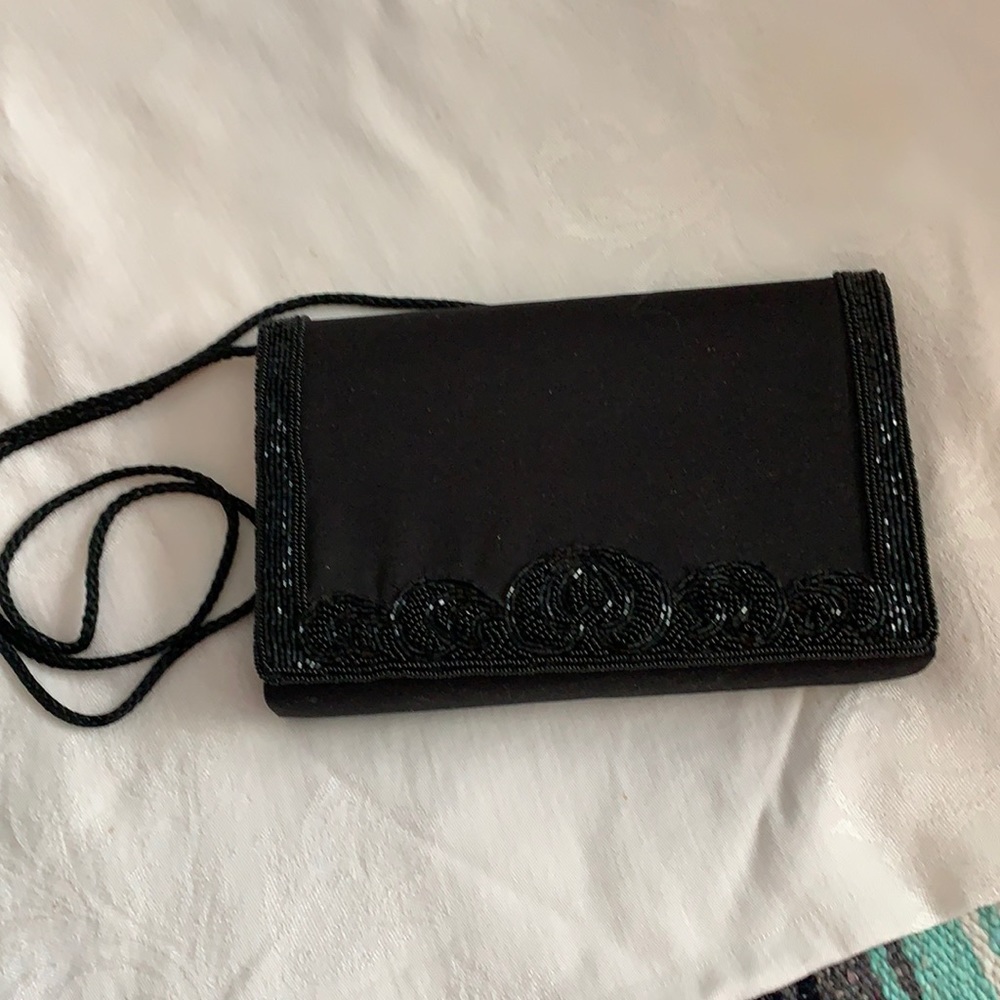 vintage black envelope evening bag with barrel beads